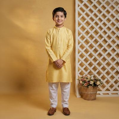 Boys Cotton Yellow Cream Kurta Pajama