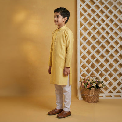Boys Cotton Yellow Cream Kurta Pajama